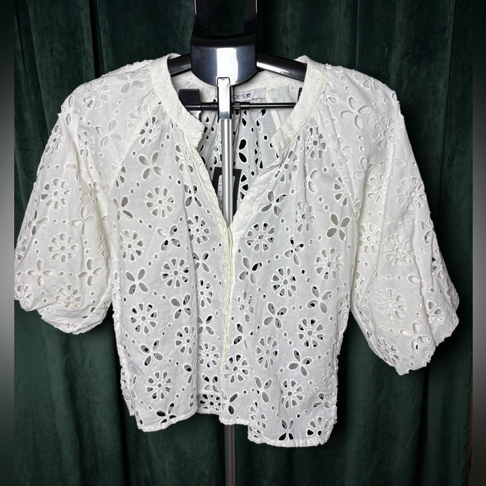 Joe's Jeans White Eyelet Button-Front Blouse puff sleeve XS
